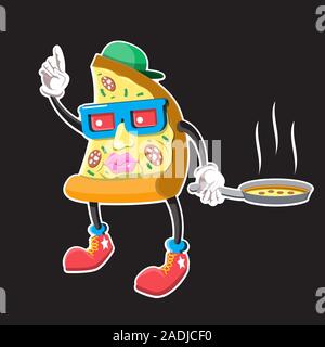 Pizza the character points his finger up and holds a pizza pan on a black isolated background. Vector image Stock Vector