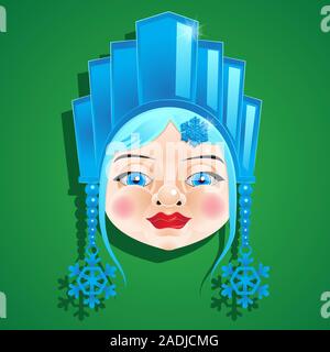 The character of the snow Queen face ice crown snowflakes isolated on green background. Vector image. Decoration design element. Stock Vector