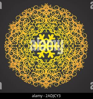 Christmas background with snowflake and Oriental mandala pattern on black isolated background. Vector image. Stock Vector