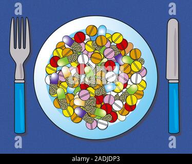 Pills on a plate, computer artwork. Stock Photo