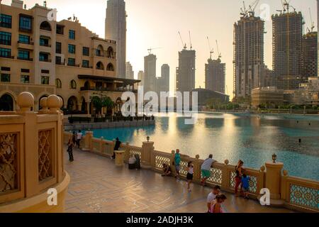 Dubai / UAE - November 5, 2019: Souk al Bahar with waterfront and fountains. Beautiful view of Dubai downtown district with restaurants and souk next Stock Photo