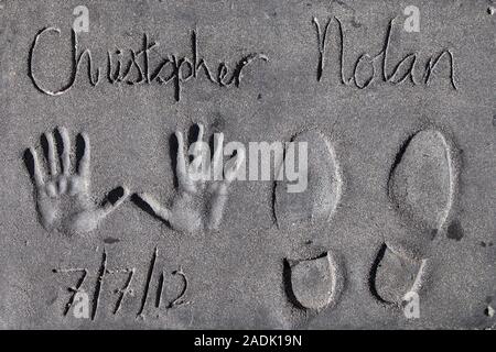 Los Angeles, California - September 06, 2019: Hand and footprints of filmmaker Christopher Nolan in the Grauman's Chinese Theatre forecourt, Hollywood. Stock Photo