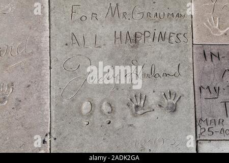 Los Angeles, California - September 07, 2019: Hand and footprints of actress Judy Garland in the Grauman's Chinese Theatre forecourt, Hollywood. Stock Photo