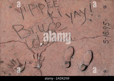 Los Angeles, California - September 07, 2019: Hand and footprints of actor Bruce Willis in the Grauman's Chinese Theatre forecourt, Hollywood. Stock Photo