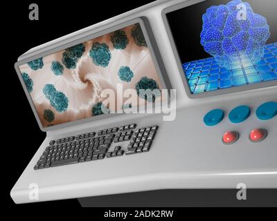 Virus research, conceptual artwork. Computer monitors showing the surface structure of virus particles. Stock Photo