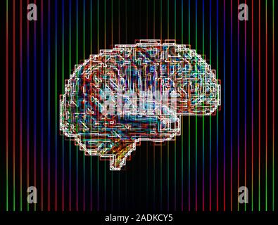 Brain. Conceptual computer artwork of a brain, seen from the side, composed of multicoloured lines. The front of the brain is at right. Stock Photo