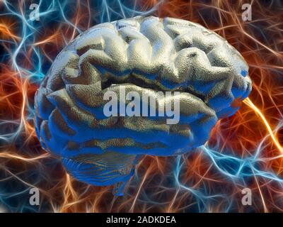 Neural network. Computer artwork of a brain, with the brain's neural network represented by orange and blue strands in the background. A neural networ Stock Photo