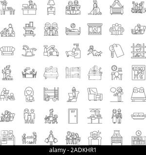 Living at home line icons, signs, symbols vector, linear illustration set Stock Vector