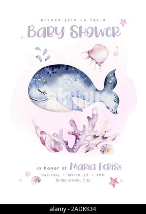 sea animals aquarium baby shower poster. Blue watercolor ocean fish, turtle, whale and coral. Shell aquarium background. Nautical marine illustration Stock Photo