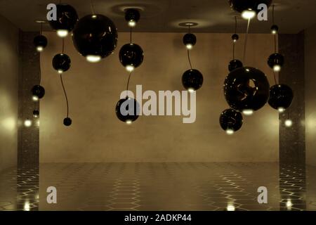 3d rendering of concrete background with illuminated hanging black reflection spheres Stock Photo