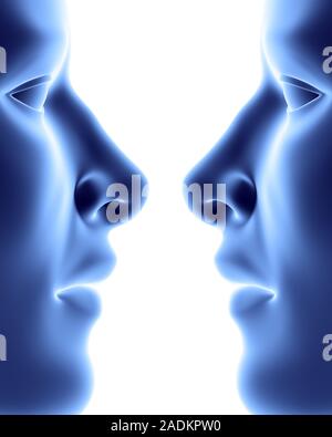 Faces. Computer artwork of two faces in profile. Stock Photo