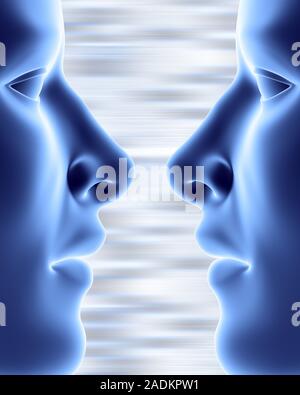 Faces. Computer artwork of two faces in profile. Stock Photo