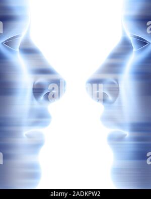 Faces. Computer artwork of two faces in profile. Stock Photo