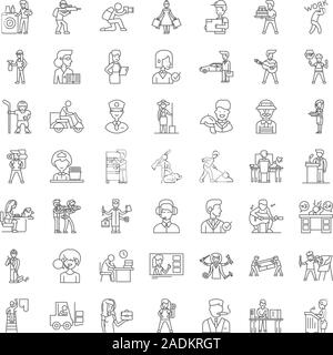 Professions and jobs linear icons, signs, symbols vector line illustration set Stock Vector
