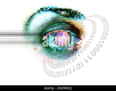 Iris scanning. Conceptual computer artwork of the scanning of the iris of a human eye. Iris scanning images the iris (unique to each individual), the Stock Photo