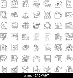 Planning proccess linear icons, signs, symbols vector line illustration set Stock Vector