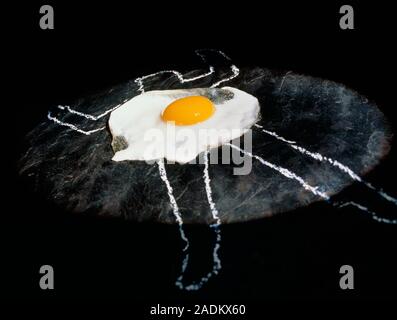 Death from cholesterol. Abstract image showing the white outline of a dead body on slate and a fried egg. It represents the role of fatty cholesterol- Stock Photo