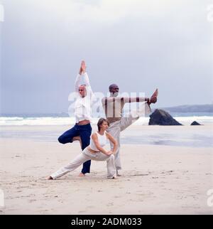 Capoeira and yoga. Men and woman practising capoeira and yoga poses. Yoga involves a system of exercises and poses that can help to improve flexibilit Stock Photo