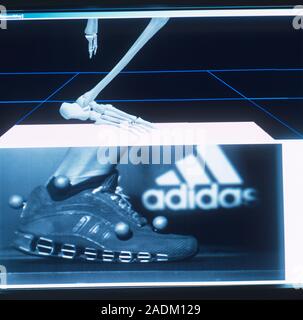 Sports footwear testing. Split-screen view of a sports trainer (bottom) with motion sensors (four round objects) and a computer model (top) of foot an Stock Photo