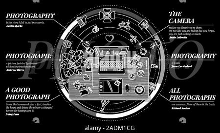 Stylish promo illustration about the profession of photographer. Stock Vector
