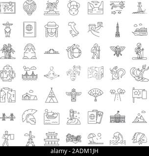 Tourism market linear icons, signs, symbols vector line illustration set Stock Vector