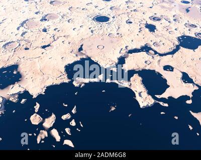 Water on Mars. Computer artwork looking south over the coast of the northern polar ocean on Mars 3.5 billion years ago. This is the Deuteronilus Mensa Stock Photo