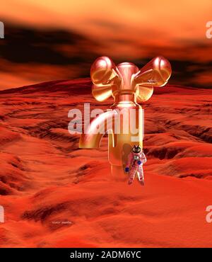 Water on Mars. Conceptual computer artwork of an astronaut standing beside a giant tap on the surface of Mars. It is believed that millions of years a Stock Photo