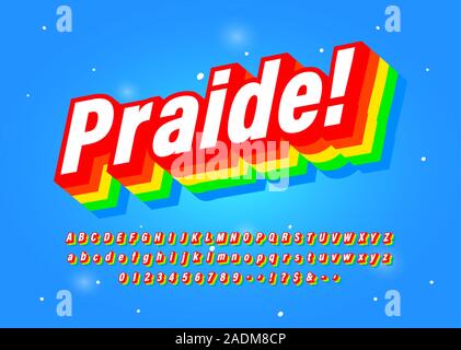 Pride Font Six Colour Rainbow Typeface Intended To Celebrate Diversity. Retro 3D Alpahabet. Vector Stock Vector