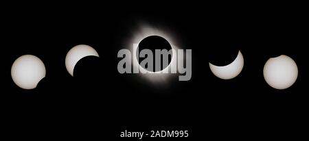 Total solar eclipse. Sequence of five images of the sun during a total solar eclipse. The disc of the moon is seen moving over the disc of the sun. At Stock Photo