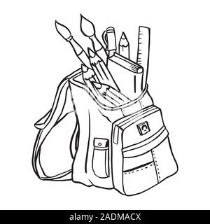 Backpack packed with school items isolated on white background, school bag, student supplies, sketch doodle style, for back to school - Hand drawn Vec Stock Vector