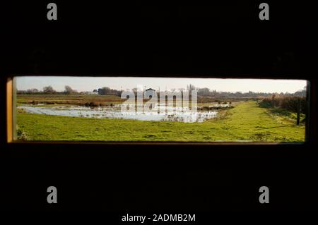 A view through a window at a bird hide at the London Wetland Centre in London, UK