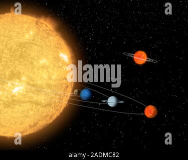 Comparing planetary systems. Artwork comparing the sizes of the 55