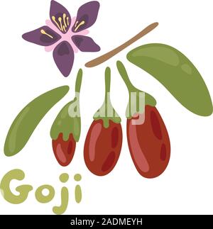 Goji berries vector illustration. Healthy detox natural product. Flat design organic food. Superfood wolfberry icon with a flower on the bench Stock Vector