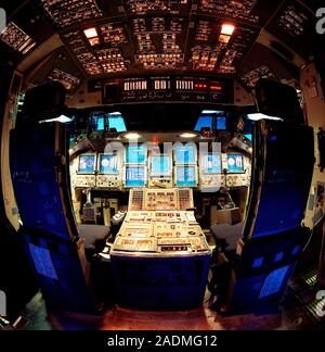 Space Shuttle simulator cockpit, fish-eye lens view. This is NASA's Multifunction Electronic Display Subsystem (MEDS), known as the glass cockpit". Stock Photo