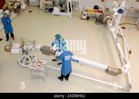 European robotic arm construction. Engineers working on the European Robotic Arm (ERA) in the clean rooms of the ERA's manufacturer Dutch Space, in Am Stock Photo