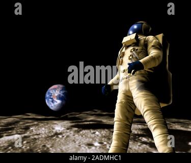 Astronaut on the Moon, computer artwork. The Earth is seen in the background, and the astronaut is standing in the sunlight of a lunar day. Humans on Stock Photo