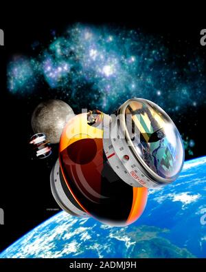 Biosphere spaceships by Earth with the Moon in the background, computer artwork. These theoretical self-sufficient spaceships would grow their own foo Stock Photo