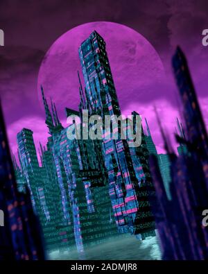 Alien civilisation. Computer artwork depicting a floating building passing between towers on an alien planet. Stock Photo