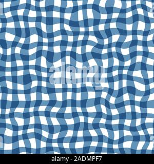 Distorted gingham blue and white wavy line pattern Stock Vector