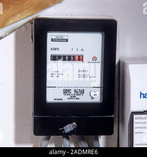 Electricity meter. This piece of equipment, called an electromechanical induction meter, measures the amount of electricity used by a domestic custome Stock Photo