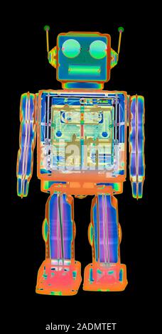 Toy robot, coloured X-ray. Stock Photo