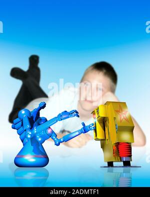 Toy robots. Computer artwork of a boy playing with robotic toys. Several robotic toys have been designed and manufactured since the late 1990s, includ Stock Photo