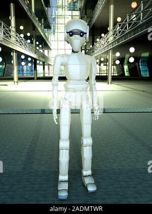 Android robot, computer artwork. Android robots are being developed that will be able to navigate obstacles while carrying out simple tasks. Stock Photo