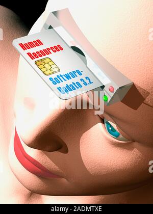 Android software update. Conceptual computer artwork of an android human with a card inserted in her forehead that is installing new software in her b Stock Photo