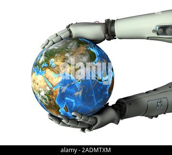 World controlled by androids, conceptual image. Computer artwork of the Earth held in the hands of an android, representing a world dominated by andro Stock Photo