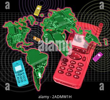 Global communication. Conceptual image of several differently coloured mobile telephone handsets and a map of the world. The image represents global c Stock Photo