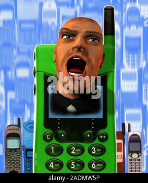 Mobile phone rage. Conceptual computer artwork of the head of an angry man poking from the screen of a mobile telephone. More phones are seen in the b Stock Photo