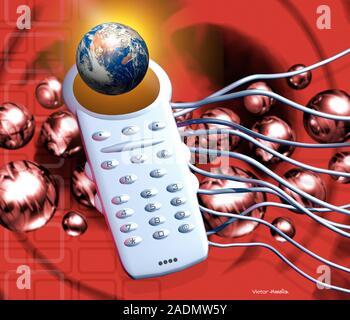 Global communications. Conceptual computer artwork of a mobile telephone and the Earth, representing global communications. Stock Photo