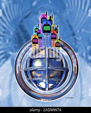 Worldwide use of mobile (cellular) telephones, conceptual computer artwork. Stock Photo