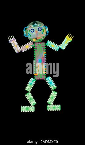 Circuit board man. X-ray image of microchips and other electronic components arranged to form a human figure. Stock Photo